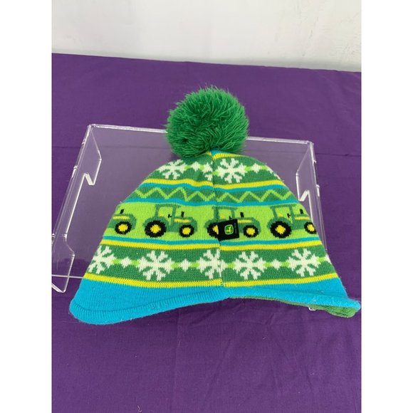 John Deer Toddle One Size Tractor Snowflake Green Blue Beanie Hat Pompom - Picture 2 of 12